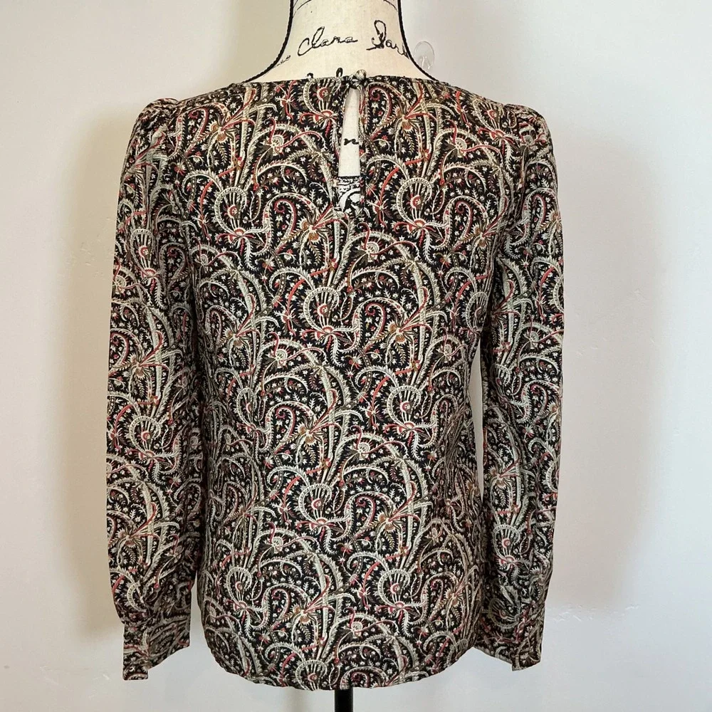 J.Crew 100%‎ Silk Long Sleeve Blouse Top Paisley Print Career Casual Black 0